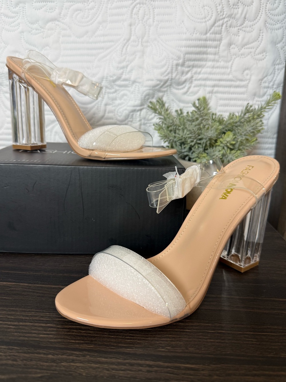 Fashion Nova Nude Clear Lucite Block Heel Sandals - Picture 7 of 9